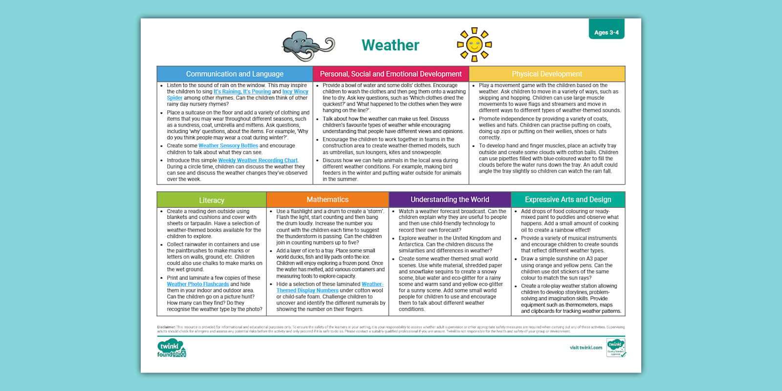 EYFS Ages 3-4 Topic Planning Web: Weather | Twinkl