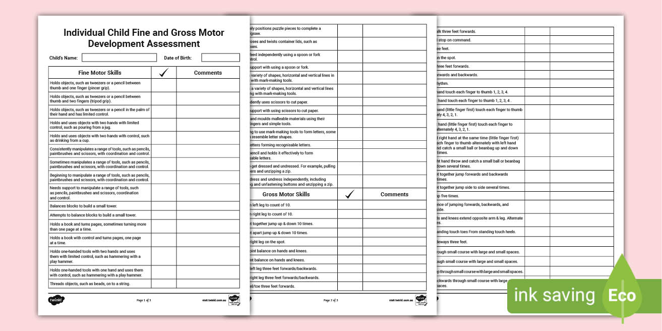 Fine And Gross Motor Development Assessment Checklist - EYLF
