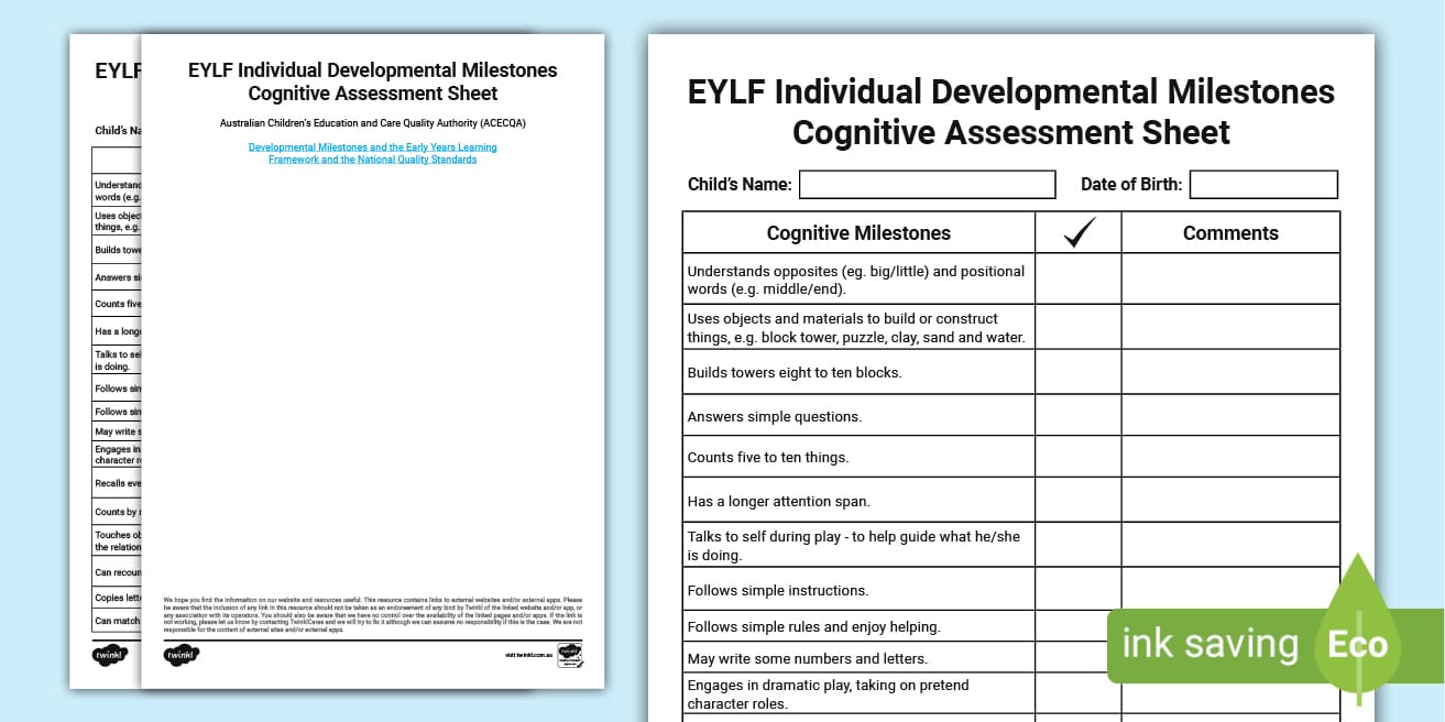 EYLF Cognitive Assessment Sheet EYLF Australia