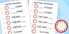 Half Past Time Worksheets - o'clock, half past, times