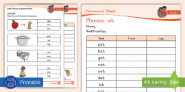 Grade 1 Phonics: -at Homework Sheet (teacher made) - Twinkl