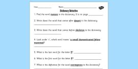 Dictionary Detective Worksheet / Worksheet - Literacy, dictionary, word