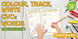Color, Trace, Write CVCe Words Worksheet for K-1st Grade