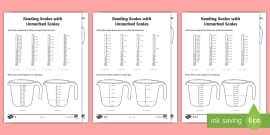 Reading Scales in Litres and Millilitres Differentiated Worksheets