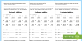 Addition of Decimals Year 6 Worksheets | Decimals Worksheets