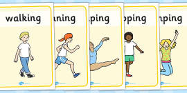 PE Physical Action Word And Picture Display Posters Spanish