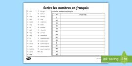 Printable French numbers 1 to 30 worksheet