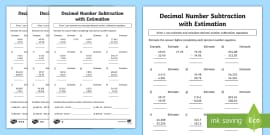 Decimal Number Addition and Subtraction Estimation Worksheet