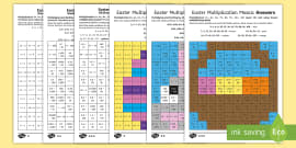 Spring Multiplication Mosaics Differentiated Worksheet Arabic/English