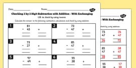 Y3 Inverse Check 3 Digit 2 Subtraction Addition Exchanging Sheet