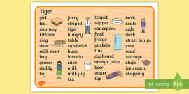 tiger word mat tea adjectives who text