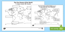 The Five Oceans Labelling Map Worksheet / Worksheet English/Romanian