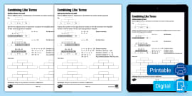 Combining Like Terms Worksheet 6th Grade | Twinkl USA