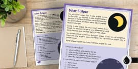6th Gr Total Solar Eclipse Reading Passage Comprehension