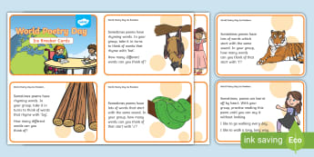 KS1 World Poetry Day Ice Breaker Cards - rhyme, game, rather, decide, why, team