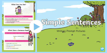 Simple Sentence Writing Prompt Pictures PowerPoint - basic sentences, shared writing, model writing, simple phrases and captions, boys writing, phase 3, forming sentences