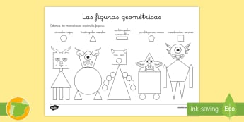 Ficha de actividad: Colorear con figuras - Monstruos - figuras, colores, figura 2d, formas, formas 2d, ficha,Spanish