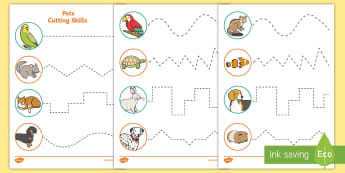 Pets-Themed Cutting Skills Worksheet / Worksheets - Pets, cat, dogs, rabbits, worksheets, cutting, scissor skills, fine motor, 
