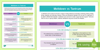 Meltdown vs Tantrum Information Sheet - autism, meltdown, tantrum, behaviour management, sensory overload