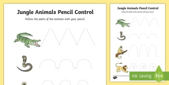 Jungle Animal-Themed Pencil Control Sheets - walking through the jungle, jungle, pencil control, line control, pencil control worksheet