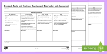 EYFS Personal Social and Emotional Development Observation Assessment Sheet - EYFS, Early Years Assessment, Assessment, on entry, baseline, PSED, observations, Next steps