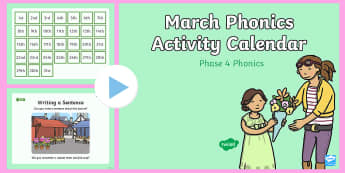 Phase 4 March Phonics Activity Calendar PowerPoint - March, phonics, calendar, monthly, reading, spelling, sorting, tricky words, letters and sounds, act