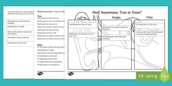 Deaf Awareness   True or False Cut and Stick Activity