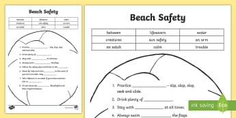Beach Safety Cloze Worksheet - AC9HP2P05, Health, Safety, Wellbeing, Year 1, Year 2, water safety, Australia, Worksheet, PDHPE