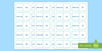 Numbers 20-40 Dominoes French  - French Games, french dominoes, french numbers, french group games.,Scottish-translation