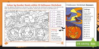 Colour by Number Bonds Within 10 Halloween Worksheet