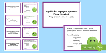 Autism (Asperger's Syndrome) Awareness Information Cards - ICE, in case of emergency, out and about, meltdowns, autism, ASD, parents