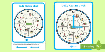 Daily Routine Clock A4 Display Poster - clock, time, daily routine, time, activity, timetable, day, night, hours, evening, morning