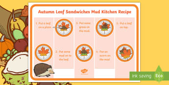 Autumn Leaf Sandwiches Mud Kitchen Recipe - Early Years Mud Kitchen, Mud Cafe, Garden Cafe, Outside Area, Natural Materials, Autumn, Leaves, Aco