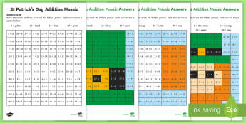 St Patrick's Day Addition Mosaic Worksheet / Worksheets - KS1& 2 St Patrick's Day UK March 17th 2017, st patrick, maths, addition, adding, irish, ireland, math