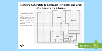 Measure accurately to calculate perimeter and area of a house with 5 rooms Worksheet / Worksheet - Design it - Build it!, scale, measure, design, STEM, area, perimeter, garage, house, units, m, cm.