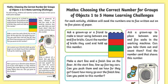 EYFS Maths: Choosing the Correct Number for Groups of Objects 1 to 5 Home Learning Challenges