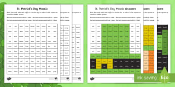 St. Patrick's Day Phase 4 Phonics Mosaic Worksheets - Clusters, Blends, Decode, Letters and Sounds, Phonics Screen, worksheets