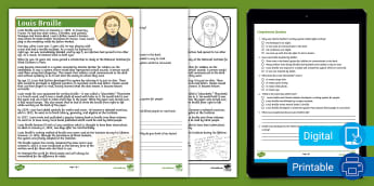 Seventh Grade Louis Braille Reading Comprehension Worksheet