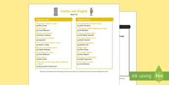 Castles and Knights Book List - reading corner, literacy, dragons, princess, kings, queens, armour, reading lists, reading