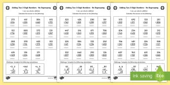 Year 3 Adding Two 3-Digit Numbers - No Regrouping Worksheet