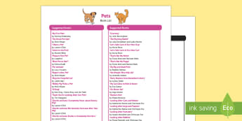 Pets Book List - EYFS Pets, Animals, National Pet Month,dogs, cats, rabbits, guinea pigs, fish, hamsters