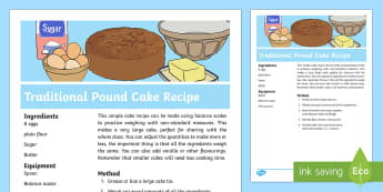 Traditional Pound Cake Recipe - Measurement, measuring, mass, weight, weighing, KS1, Y1, compare, describe, non-standard units, bala