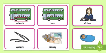 The Wheels on the Bus Nursery Rhyme Picture Flashcards - wheels, bus, wipers, horn, money, bell, driver, doors, people, baby, babies, mummy, daddy,