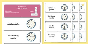 Telling the Time Dominoes Spanish - time, spanish, espanol, spain, EAL, clocks, analogue, half past, o'clock, quarter to, quarter past