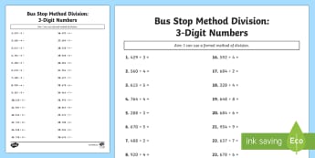 Bus Stop Method Formal Division of 3 Digit Numbers Worksheet / Worksheet - bus stop, method, formal division, 3 digit, numbers, worksheet, short division no remainders