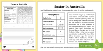 Easter in Australia Editing Worksheet - Proof reading, proof read, edit, grammar, punctuation, spelling, Easter reading,Australia
