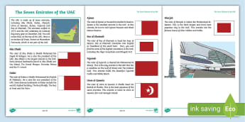 The Seven Emirates of the UAE Fact Sheet - UAE, Emirates, Abu Dhabi, Dubai, Ajman, sharjah,  Umm al Quwain, Arab