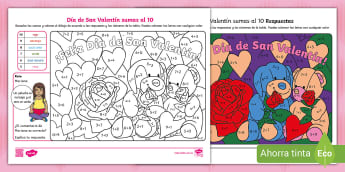 Hoja para colorear: Día de San Valentín sumas al 10