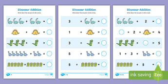 Dinosaur Addition within 10 Worksheet - adding to 10, adding within 10, adding to ten, adding within ten, dinosaur themed, addition sheet, addition, addition worksheet, dinosaur themed worksheet, dinosaur themed addition sheet, 