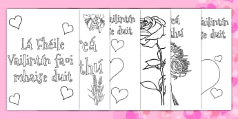 Valentine's Day Card Colouring Templates Gaeilge - gaeilge, Valentine's Day, Valentine, love, Saint Valentine, heart, kiss, colouring, fine motor skills, poster, worksheet, vines, A4, display, cupid, gift, roses, card, flowers, date, letter